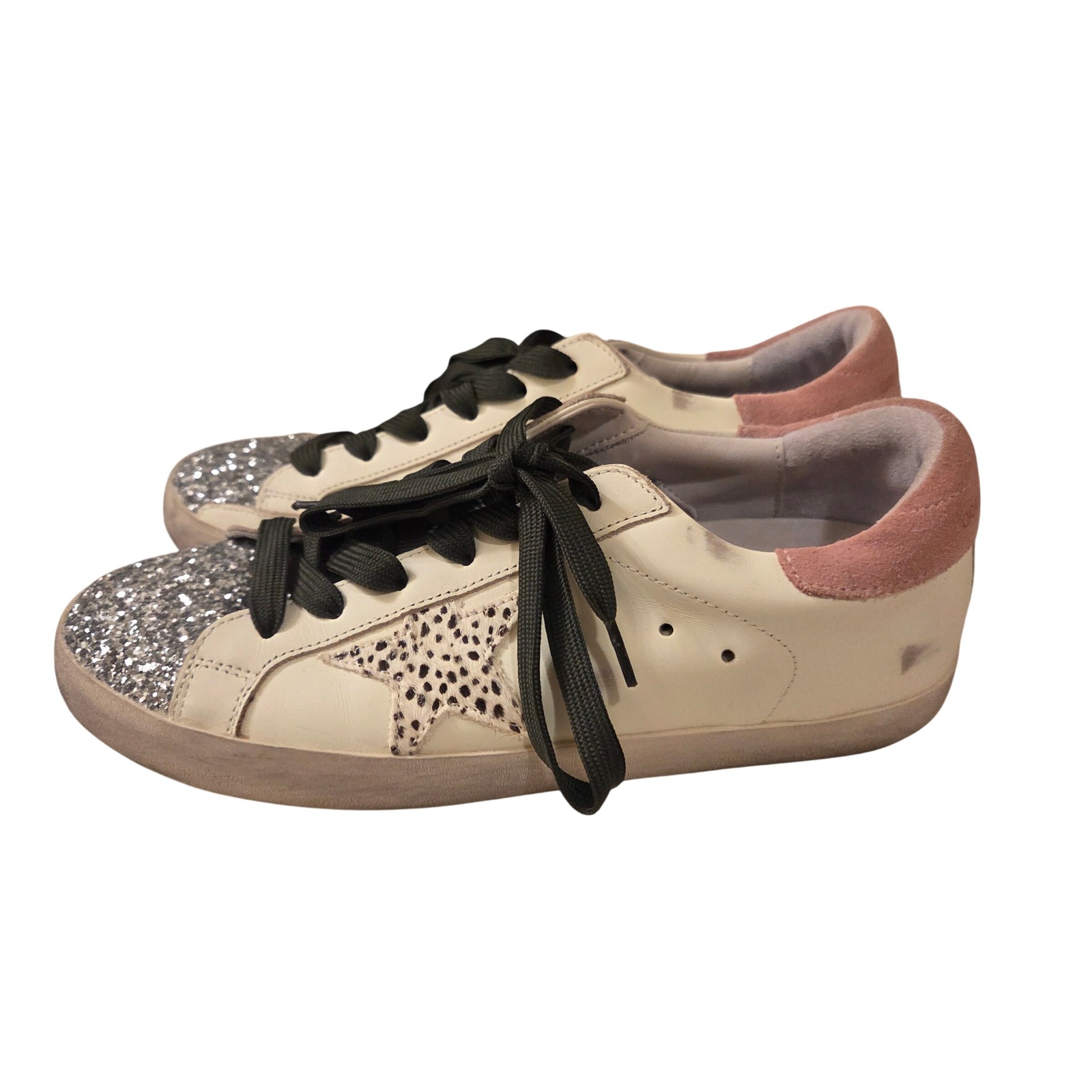 Golden Goose Superstar Sneakers White Silver Glitter Pink Suede Star Low Top 6